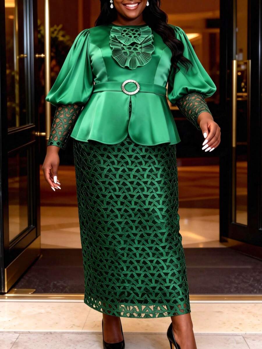 Plus Size Women Chic Green African Satin Patchwork Bodycon Peplum Dress Irregular Ruffled Sequin Lace Puff Sleeves Formal Events Dresses Party - 綠色 - 查看 1