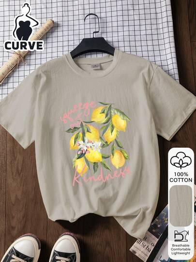 Plus Size Women's Casual Lemon Letter Print 100% Cotton Short Sleeve Top, Graphic Tee, Soft Fabric, Cotton Clothing, Outdoor Wear, Printed Pattern, Summer T-Shirt, Women's Tee, Blouse, Summer Top, Vacation Outfit, Travel Style, Beach Vibe, Minimalist Resort Wear