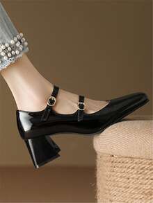 Zapatos de tacón alto de mujer con punta cuadrada y doble hebilla tipo Mary Jane en color plata - Negro - Ver 3