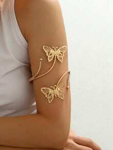 1pc Fashionable Personalized Hollow 3D Butterfly Open Adjustable Metal Arm Cuff Bracelet For Women, Suitable For Music Festival, Dance Party, Party Wear (Butterfly Direction Random) - Gold - View 2