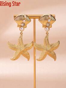 1 Pair Retro Metal Shell & Starfish Pendant Earrings, Exaggerated Long Earrings With Ocean Vibe, Fashionable Personalized Earrings For Beach Vacation - Seashell and Starfish Earrings - View 5