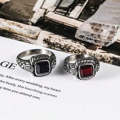 1 قطعة خاتم مربع من الفولاذ المقاوم للصدأ بطراز فينتاج مرصع بالراين ستون، إكسسوار يونيسكس بنكي هيب هوب، هدية عيد SA721