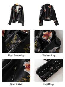 Women's Embroidered Studded Faux Leather Jacket Moto Punk Jacket Floral Coat Black - Black - View 7