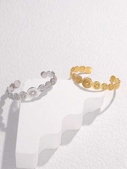 1pc Minimalist Versatile Retro Style Unique Design High-End Plated Stainless Steel Geometric Open Bangle Bracelet, Suitable For Women's Daily, Party, And Date Wear