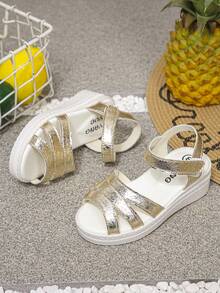 1 Pair Girls' Roman Style Platform Sandals, PU Material With Metal Strap Design, Suitable For Daily Wear In Summer - Gold - View 1