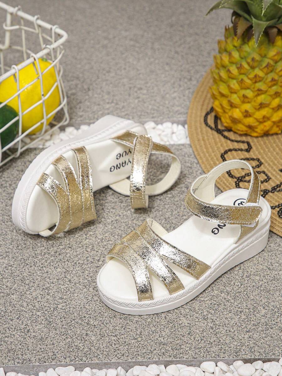 1 Pair Girls' Roman Style Platform Sandals, PU Material With Metal Strap Design, Suitable For Daily Wear In Summer - Gold - View 1