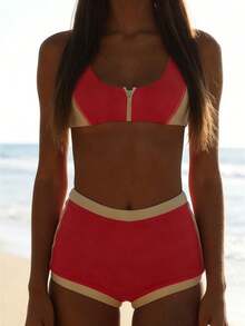 Women's 2 Piece Swimsuits Contrast Color High Waisted Bikini Set Summer Bathing Suits - Red and White - View 1