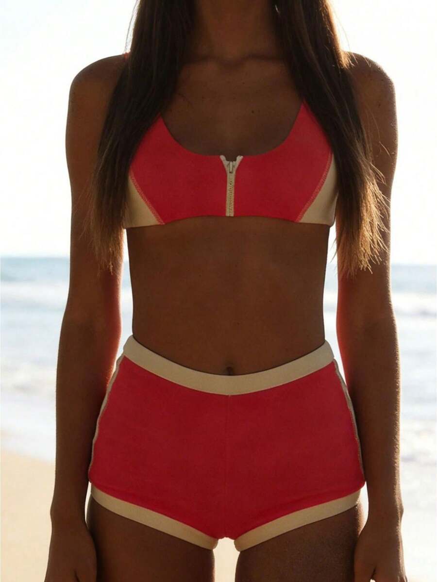 Women's 2 Piece Swimsuits Contrast Color High Waisted Bikini Set Summer Bathing Suits - Red and White - View 1