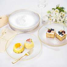Bộ 25 khay đựng bánh hình tròn trong suốt viền vàng chấm bi, bao gồm khay phụ (7.5"/10.25") và khay đựng salad trái cây chất lượng cao, có thể tái sử dụng và dễ dàng vệ sinh. Hoàn hảo cho đám cưới, ngày Valentine, sinh nhật và các bữa tiệc ngày lễ. - Trong sáng - Xem 1