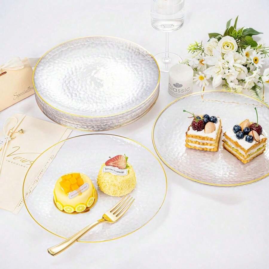 Bộ 25 khay đựng bánh hình tròn trong suốt viền vàng chấm bi, bao gồm khay phụ (7.5"/10.25") và khay đựng salad trái cây chất lượng cao, có thể tái sử dụng và dễ dàng vệ sinh. Hoàn hảo cho đám cưới, ngày Valentine, sinh nhật và các bữa tiệc ngày lễ. - Trong sáng - Xem 1