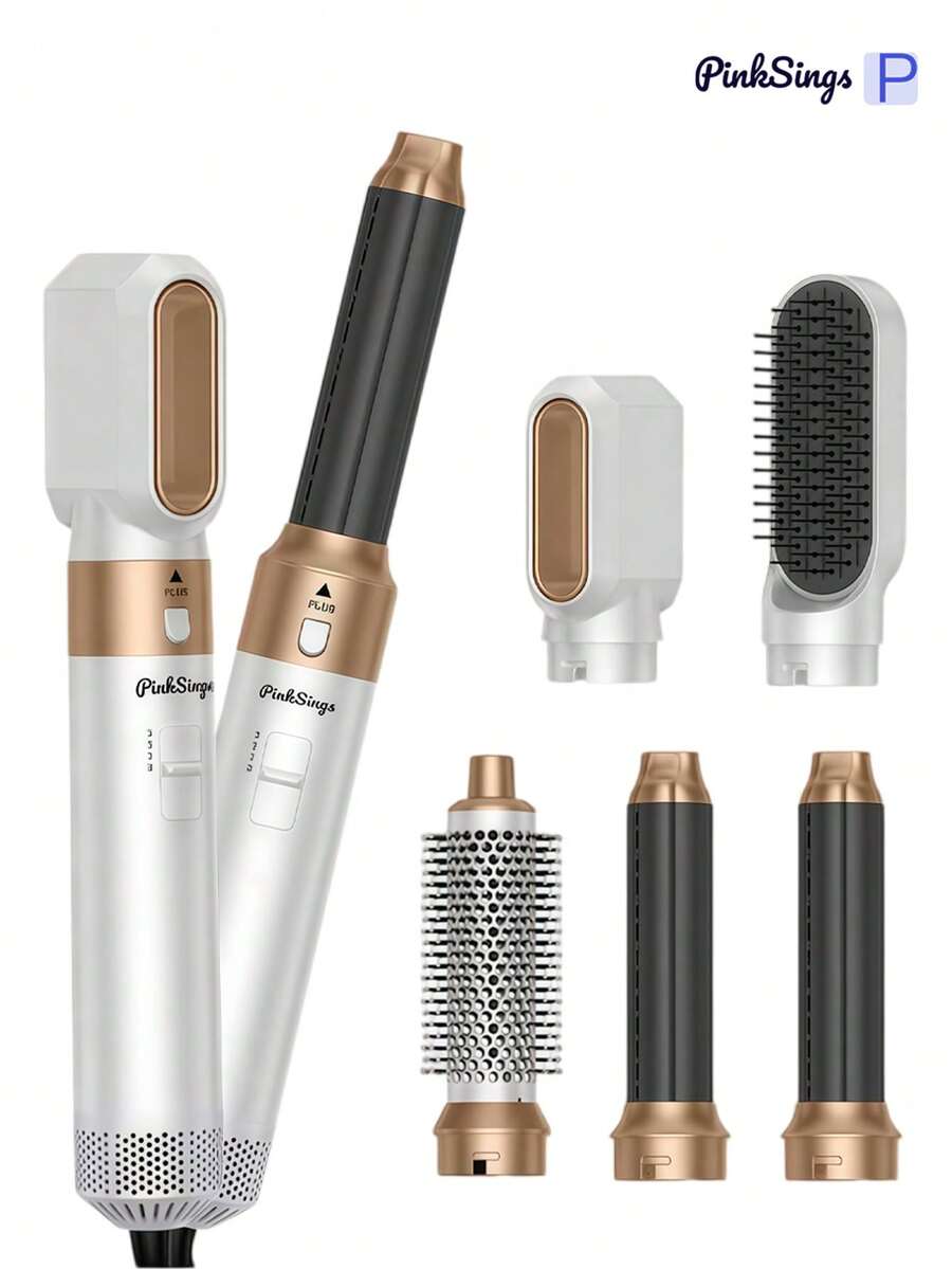 PinkSings Bộ máy sấy tóc 5 trong 1, bộ lược sấy tóc có thể tháo rời, bộ dụng cụ tạo kiểu tóc ion âm, lược sấy tóc tròn duỗi thẳng, lược sấy tóc tạo độ phồng, máy uốn tóc.