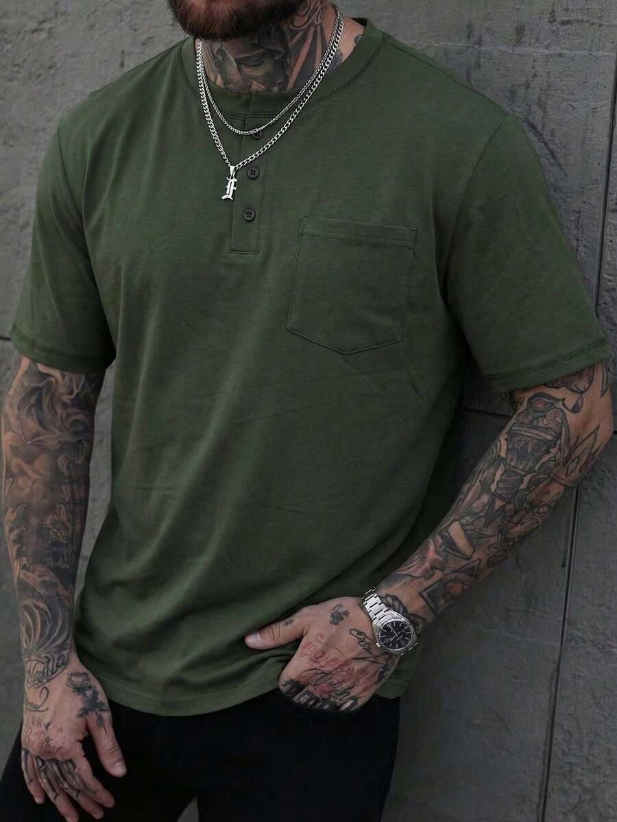 1 chiếc áo polo nam tay ngắn cổ Henley màu xanh lá cây, kiểu dáng cổ điển, thích hợp cho mùa xuân/hè. - Màu xanh Ô liu - Xem 1