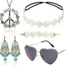 5pcs/Set Hippie Style Accessories Set, Peace Sign Necklace, Daisy Earrings, Flower Headband, Fashion Glasses - Blue - View 5