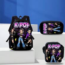 3件組 K-POP 歌手風格背包套裝，含鮮豔舞台印花，適合青少年日常使用，包含輕量休閒背包、時尚通勤包及大容量旅行包，附收納口袋，適用於學校用品 - 多色 - 查看 13