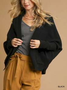 Women's Casual Cardigan Chic Open Front Long Sleeve Black Lightweight Layering Piece - 黑色 - 查看 3