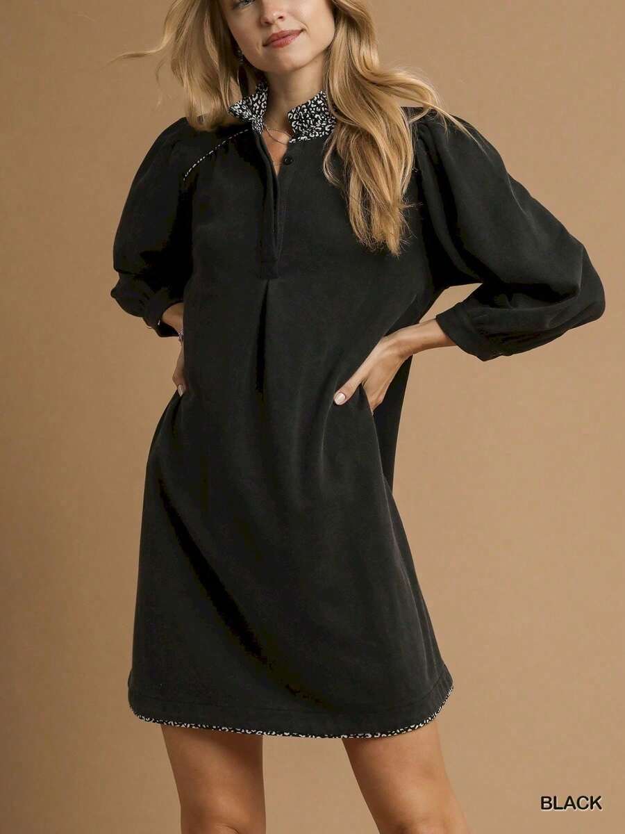 Womens Casual A Line Dress Elegant Vintage Inspired High Neck Leopard Trim Loose Fit Babydoll Style Mini Dress Black Three Quarter Length Balloon Sleeves Standing Collar Fall Winter Party Evening Wear - 黑色 - 查看 1