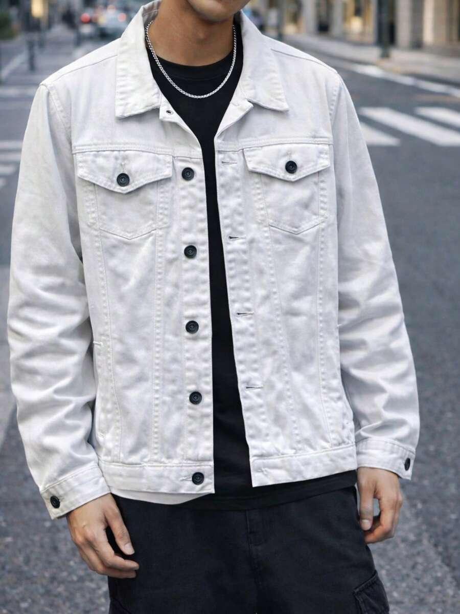 Men's Streetwear Destroyed Blue Denim Jacket – Casual Urban Style With Buttons And Pockets. - 白色 - 查看 1