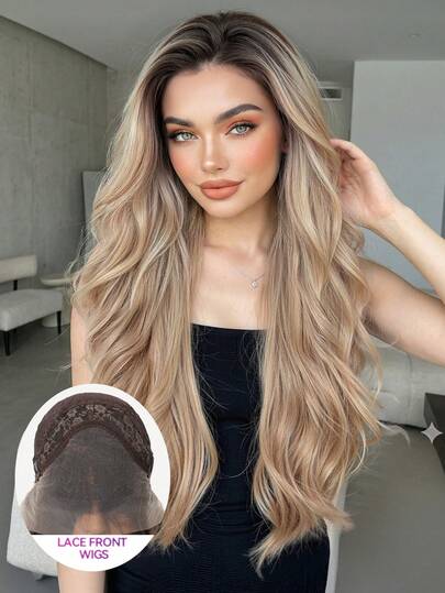 28-Inch Long Black Ombre Gold Hair With Soft Waves Layered Wig Synthetic Natural Looking Wigs Lace Front Wigs 13*4 Hand Woven Lace Chemical Fiber Hair Daily Daily Imported Silk Party Wedding Music Festival Halloween Gift