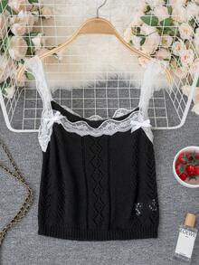 春夏新款性感蕾丝边针织开衫外套，纽扣开襟，女士镂空吊带两件套针织衫套装，适合情人节、外出、居家、通勤、约会等场合。 - 黑色 - 查看 9