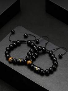 Vòng tay nam bằng đá mã não đen mắt hổ, kiểu bện, mặt dây chuyền 26 chữ cái, trang sức khắc tên riêng, quà tặng sinh nhật. - Nhiều màu - Xem 5