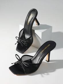 Women Fashion Stiletto Mule Sandals With Bow Mesh Decorative, Open Toe Mesh Breathable Slip-On Summer High Heel Sandals For Daily Party Wedding Wearing - Black - View 1