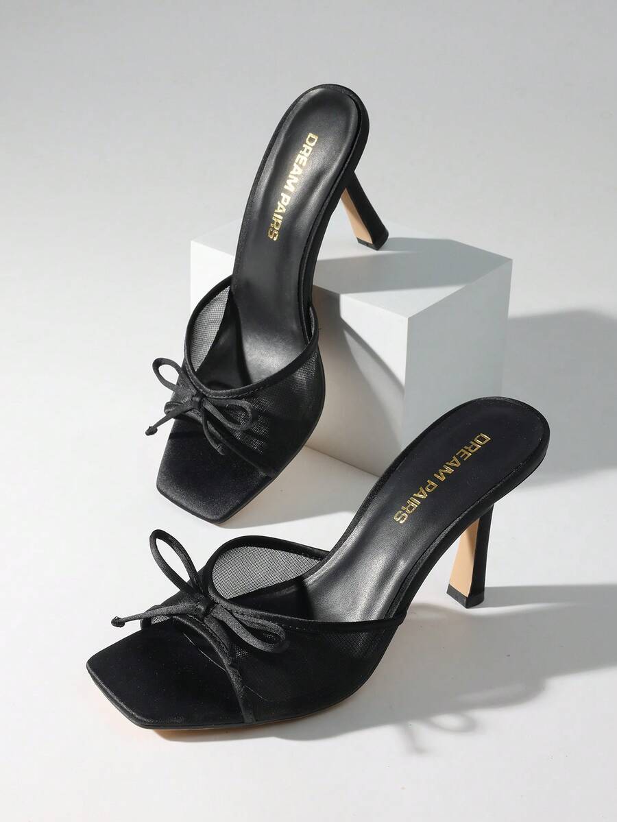 Women Fashion Stiletto Mule Sandals With Bow Mesh Decorative, Open Toe Mesh Breathable Slip-On Summer High Heel Sandals For Daily Party Wedding Wearing - Black - View 1