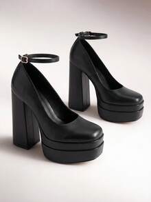Women's High Chunky Platform Square Toe Heels Pumps Closed Toe Block Ankle Strap Solid Color Dress Fashion Party Y2K Shoes For Fall And WInter - màu đen - Xem 2