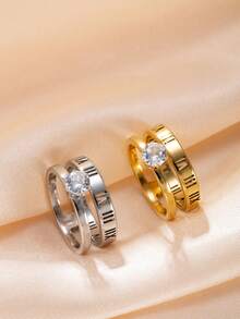 2pcs Stainless Steel Women's Roman Numeral Zirconia Ring, Suitable For Women's Daily, Festival, Dating, Engagement, Wedding, Outing, Party Matching - Multicolor - View 7