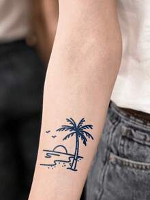 1 pieza Tatuaje temporal de estilo de vacaciones de 7 a 14 días con patrón de palma de coco y ola de océano, adecuado para muñeca, brazo, pierna, cintura, tatuajes de festival, recuerdos de fiesta, resistente al agua - Azul - Ver 4