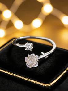 925 Sterling Silver Iridescent Rose Ring, Open Cubic Zirconia Design, Unique Delicate Silver Jewelry, Gift For Girlfriend - White - View 4