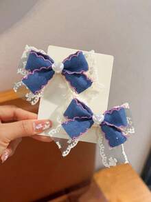2pcs Spring/Summer Mesh Lace Pearl Denim Ruffle Bow Clip, Versatile Daily Wear - Multicolor - View 4