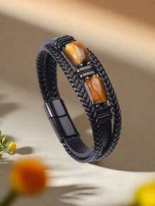 Vòng tay nam thủ công đính đá mắt hổ, dây da PU đen - Phụ kiện độc đáo thể hiện gu thời trang nam giới. - Nhiều màu - Xem 8