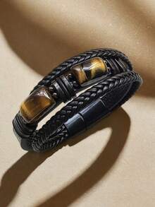 Vòng tay nam thủ công đính đá mắt hổ, dây da PU đen - Phụ kiện độc đáo thể hiện gu thời trang nam giới. - Nhiều màu - Xem 9