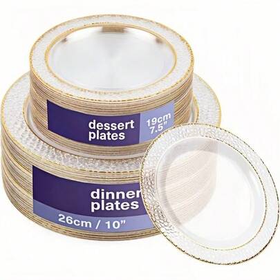 50/25/12/1 Piece Transparent Hammered Double Gold Rim Dinnerware Set, Transparent Bottom With Gold Rim, Elegant Dessert, Pasta, Pizza, Cake And Salad Plates, Includes 19cm And 26cm Sizes, Reusable And Easy To Clean, Suitable For Outdoor, Party, Birthday, Wedding And Holiday
