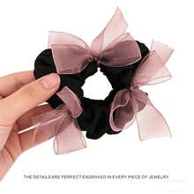 1 pieza Coletero de satén negro decorado con 3 lazos de organza rosa pálido, con un estilo suave pero ligeramente audaz, adecuado para atuendos diarios o con un toque retro ligero - Multicolor - Ver 1