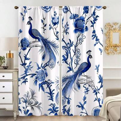 2 st. blåvita påfågelblommiga chinoiserie-porslinsmönster i vintagestil, digitaltryckta gardiner, 100 % polyestertyg, stångfickor, 2 paneler gardiner, utan foder, 90 g/m², bredd 180 cm, perfekt för sovrum, vardagsrum, matsal, badrum, utomhusgardiner
