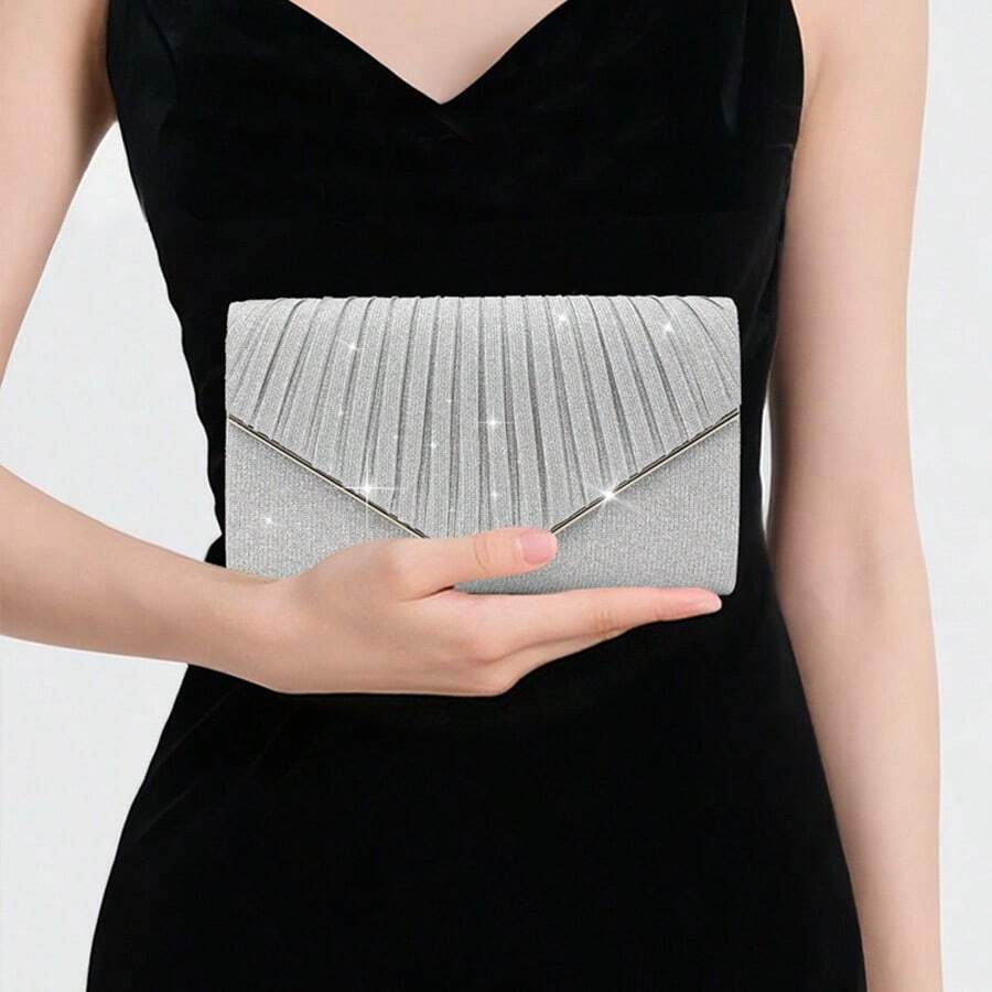 New European And American Style Women's Pleated Shiny Evening Bag, Bridal Wedding Party Versatile Shoulder Bag, Wedding Season Clutch - Silver - View 1