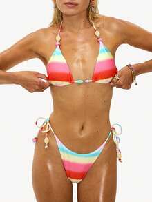 Women's 2 Piece Swimsuits Summer Contrast Color Triangle Bikini Set High Cut Two Piece Bathing Suits - Multicolor - View 4