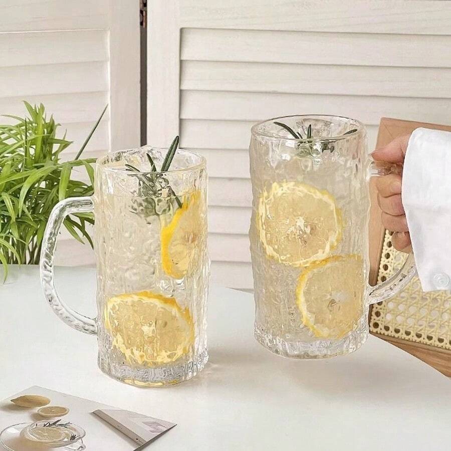 1-Pack Large-Capacity Craft Beer Glass - Glacier Cup With Bark Texture, Handle, Thickened Glass - Home Use Drinking Cup - Multicolor - View 1