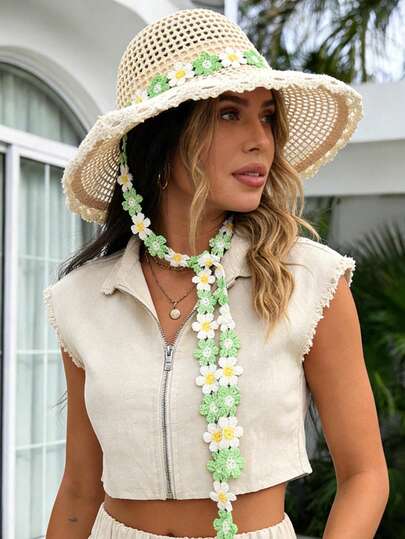 1pc Green Floral Long Ribbon Woven Hat, Windproof, UV Protection, 3D Design, Fashionable & Versatile, Soft & Comfortable, Breathable, Multi-Functional, Flattering, Suitable For Beach, Outdoor, Travel, Hiking, Cycling, Dates, And Various Occasions