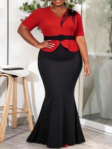 Plus Size Women's Summer Elegant Two Pieces Set, Red Ruffle Trim Top With Floral Belt Accent, Black Mermaid Maxi Skirt, Suitable For Formal Occasions - Red - View 4