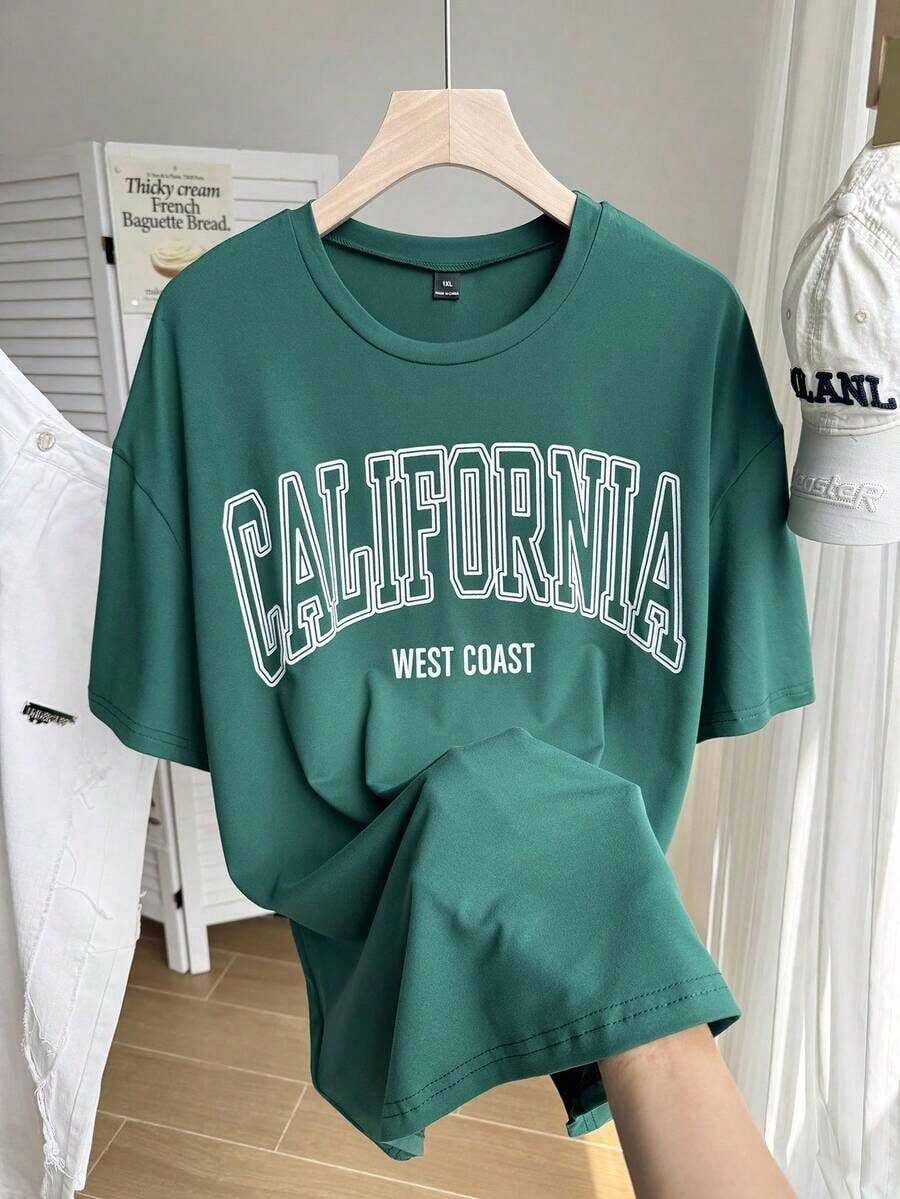 Plus Letter Graphic Drop Shoulder Tee California Plus Size-Shirt PurpleUnisex Casual-ShirtsCasual Short-Sleeve-Shirts Men And Women - 墨綠色 - 查看 1