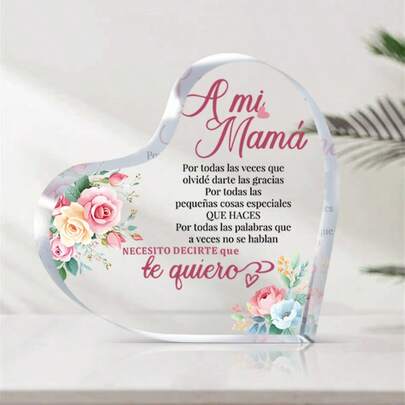 Gifts For Mom, Heart-Shaped Acrylic Mom Decor – Floral Design With Spanish Love Message "Te Quiero", Dining Table Centerpiece Decor Of Showing Love For Mom, Perfect Mother's Day Gift To Express Gratitude