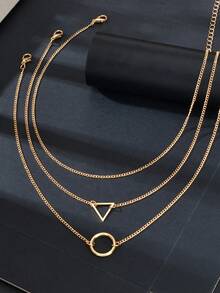 3件套休闲街头风基础款金色多层链条几何吊坠颈链，适合女性参加派对和日常装扮 - 金色 - 查看 6