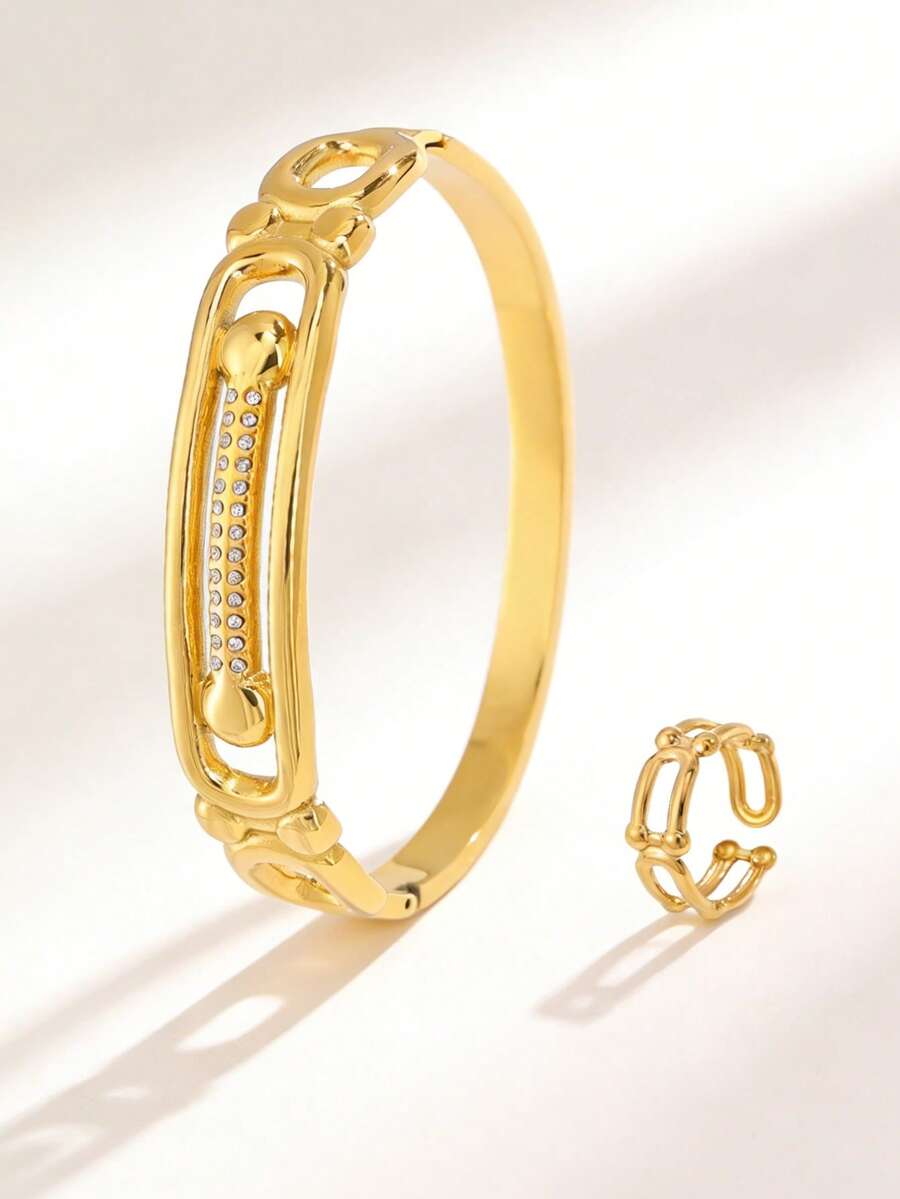 2/1pc Golden Jewelry Set, Understated Luxury And Elegant Stainless Steel Bangle And Ring, Perfect For Dating Occasions, Vibrant Party Gatherings, Daily Commuting Routines, And Thoughtful Gifting, Featuring A Unique U-Link Design With Spherical Accents On Both The Bangle And Matching Open Ring - Gold - View 1