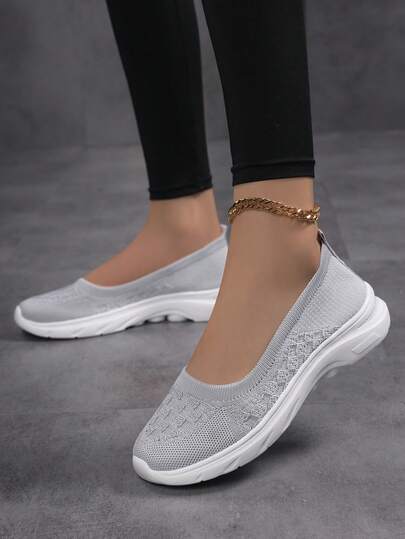 25款春夏厚底提花针织网面透气一脚蹬鞋，轻便软底休闲步行鞋，适合购物和通勤。
