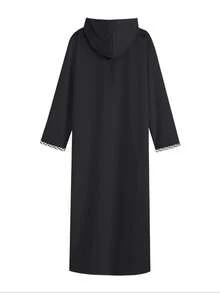 Men's Pattern Embroidered Zip-Up Hooded Robe, Casual Long Sleeve Muslim Formal Wear, Suitable For Multiple Seasons Islamic Clothing - Black - View 3