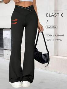 Women's Solid Color Flare Yoga Pants With High Waist Tummy Control, Loose Fit Flared Leg Design, Breathable Stretch Fabric, Suitable For Outdoor Sports, Home Leisure, Daily Wear, All Ages Women's Casual Sportswear For Spring And Summer (This Item Runs Small, We Suggest You Go One Size Up.)  | Joggers For Women | Mallas De Mujer | Yoga Pants | Licras Para Mujer | Atv Riding Outfit Women | Gym Clothes Women | Workout Sets Women  | Mallas De Mujer | Yoga Pants For Women | Butt Lifting Shorts | Flare Leggings Women | Gym Sets | Dresses For Women Summer | - 黑色 - 查看 7