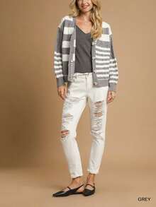 Womens Casual Cable Knit Cardigan Classic Striped Pattern Chic Cropped Design Puffed Long Sleeve Sweater Cozy Round Neck Fall Winter Oversized Top Grey White Stripe Elegant Everyday Wear - Xám - Xem 2