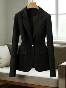 Women's Blazer With Lining And Shoulder Pads, Formal And Elegant With Front Button. - Negro - Ver 1